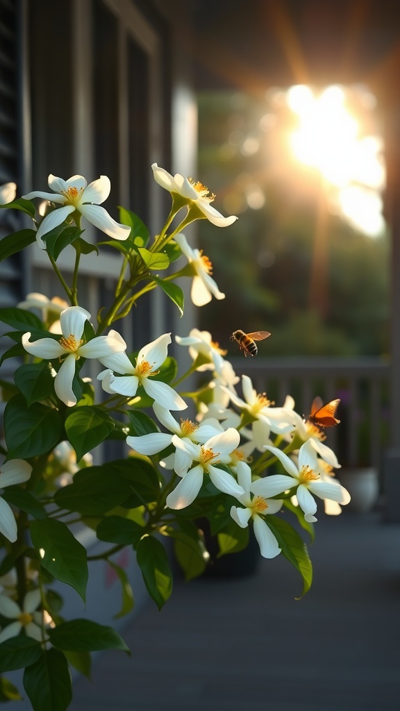 A close-up of fragrant jasmine flowers attracting a bee and a butterfly in the sunlight.