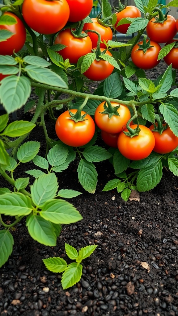 Close-up of ripe tomatoes on a healthy plant with green leaves and dark soil