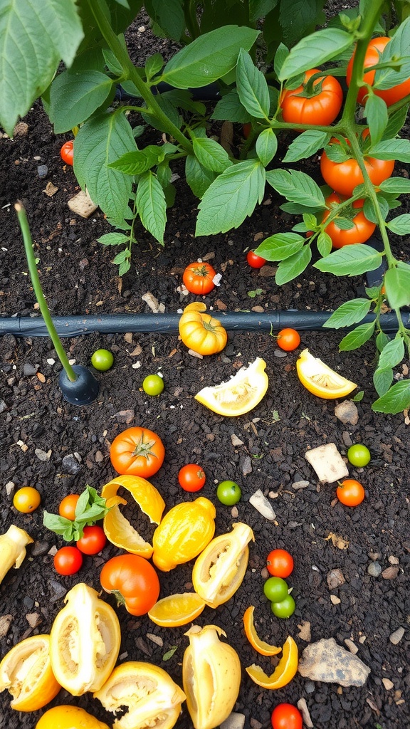 A vibrant garden scene with ripe tomatoes among green leaves, and tomato scraps on the soil.