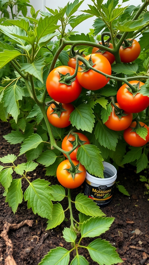 A cluster of ripe orange tomatoes on a plant with a container of molasses fertilizer nearby.