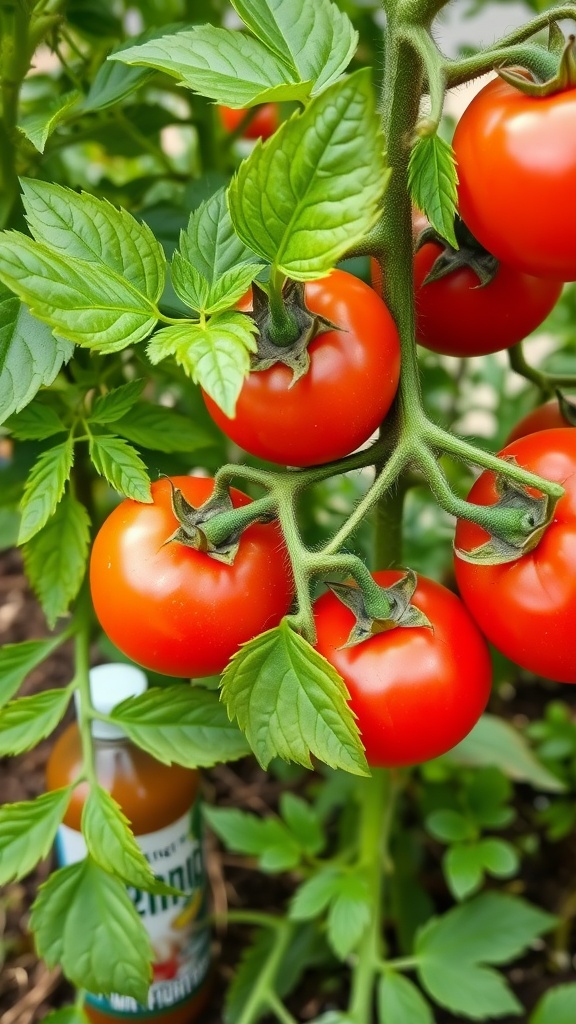 Tomato plants with ripe tomatoes and a bottle of seaweed extract fertilizer beside them.