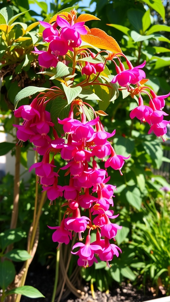 Close-up of vibrant pink fuchsia flowers hanging from a plant against a green background.