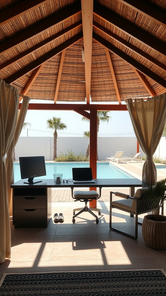 A beautifully designed cabana workspace overlooking a pool, featuring a desk, chair, and palm trees in the background.