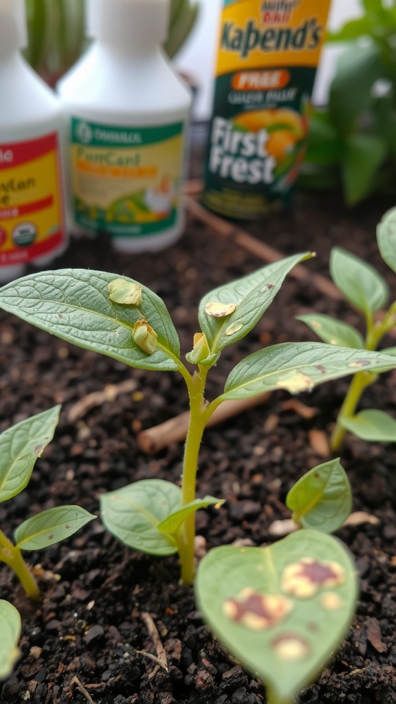 Close-up of seedlings showing signs of fungal infection with leaf spots.