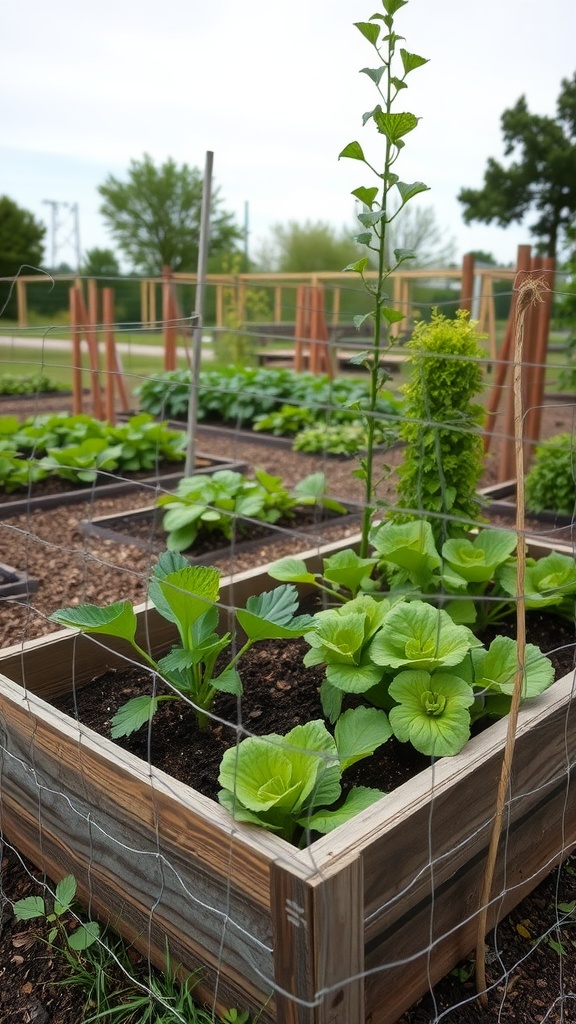 A raised garden bed with chicken wire surrounding vibrant green plants, showcasing a simple yet effective gardening setup.