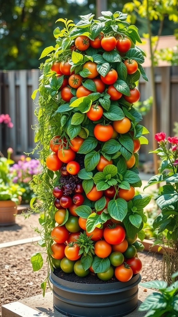 A vertical garden tower filled with colorful tomatoes and greens, showcasing effective use of space in small vegetable gardening.