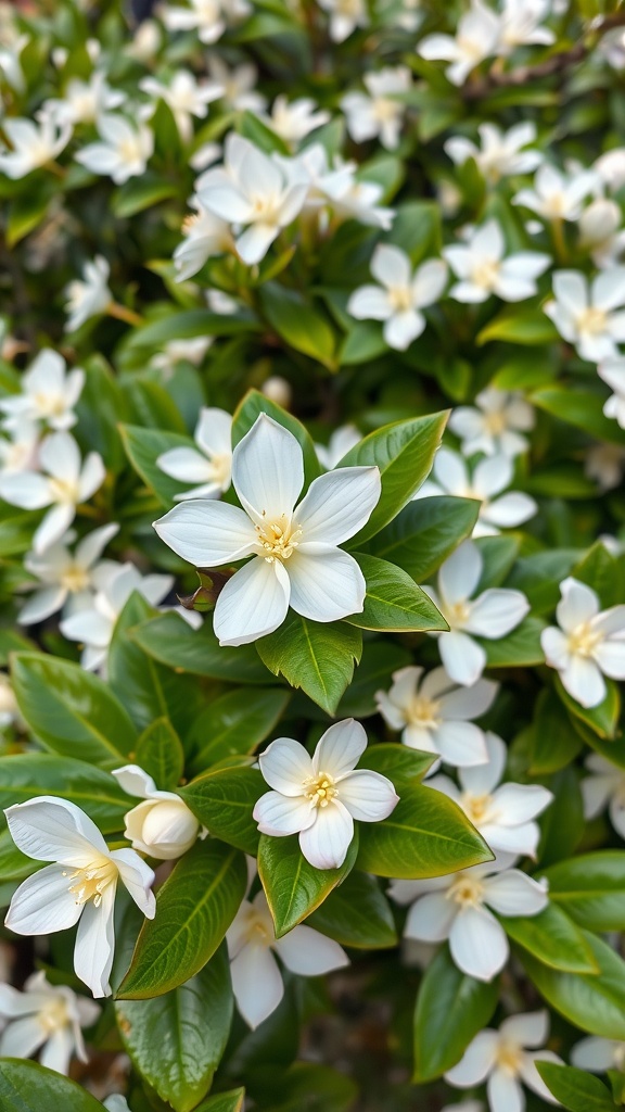 Close-up of gardenia flowers with white petals and glossy green leaves