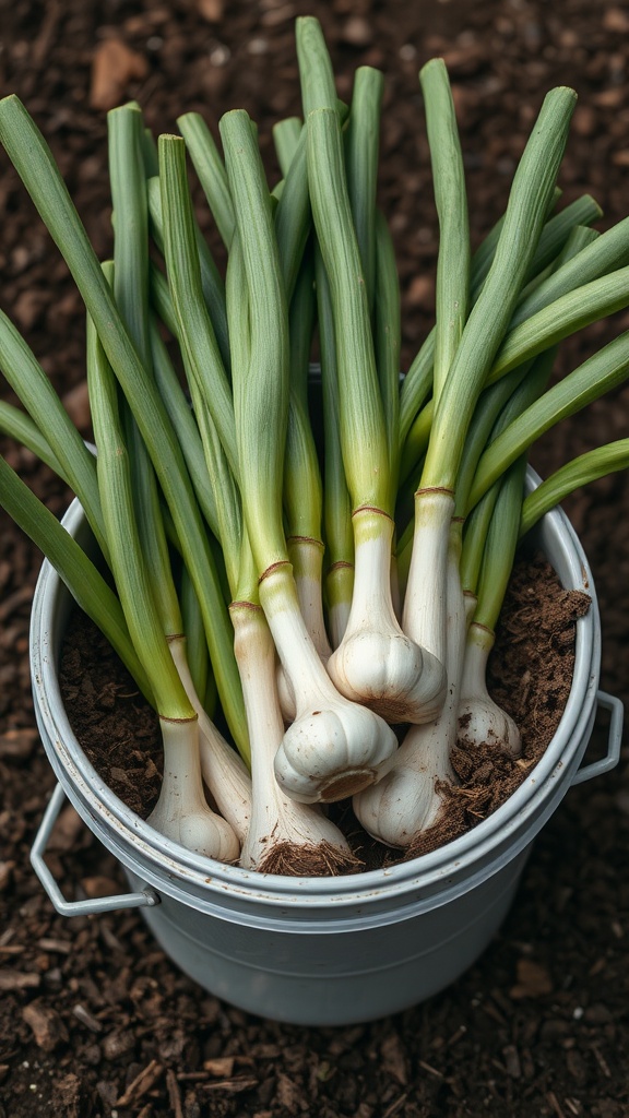 Fresh garlic plants growing in a metal bucket.