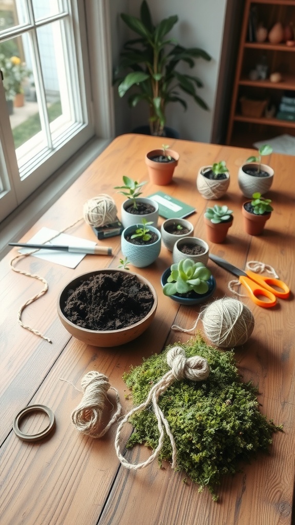 A workspace with soil, moss, pots, scissors, and twine, ready for making Kokedama Japanese moss balls.