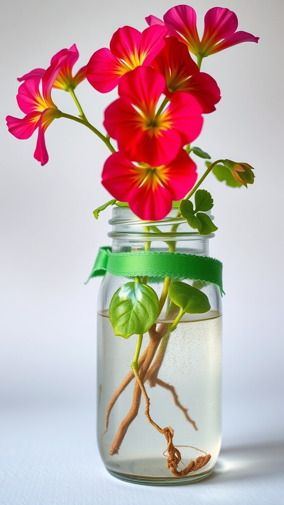 Jar with pink geraniums and roots in water