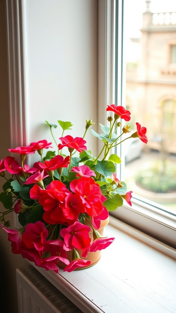 A pot of bright red geraniums on a window sill, with sunlight streaming in.