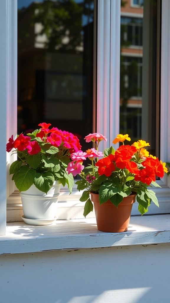 Colorful geranium flowers in pots on a windowsill