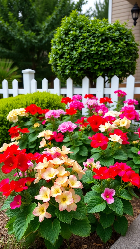 Vibrant flowering geraniums in a front yard garden with a white picket fence