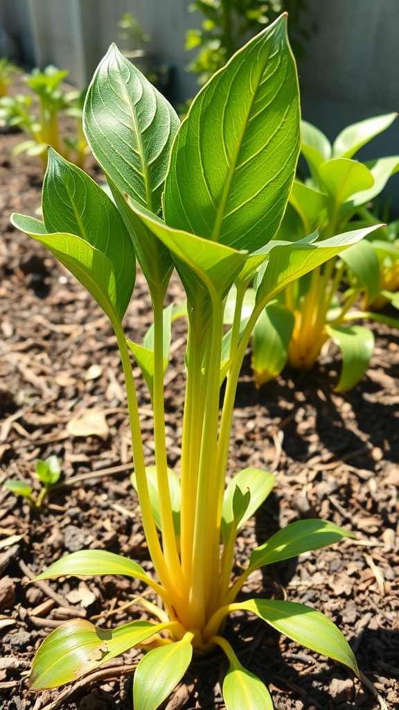 Fresh ginger plants with lush green leaves growing in a garden