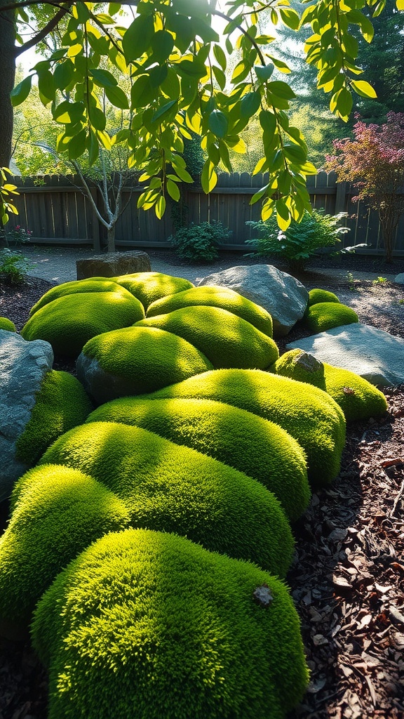 A lush green moss garden with rocks under dappled sunlight, showcasing the beauty of nature.