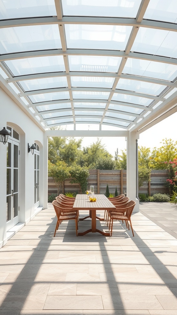 A spacious patio with a glass roof, featuring a wooden dining table surrounded by stylish chairs and plants in the background.