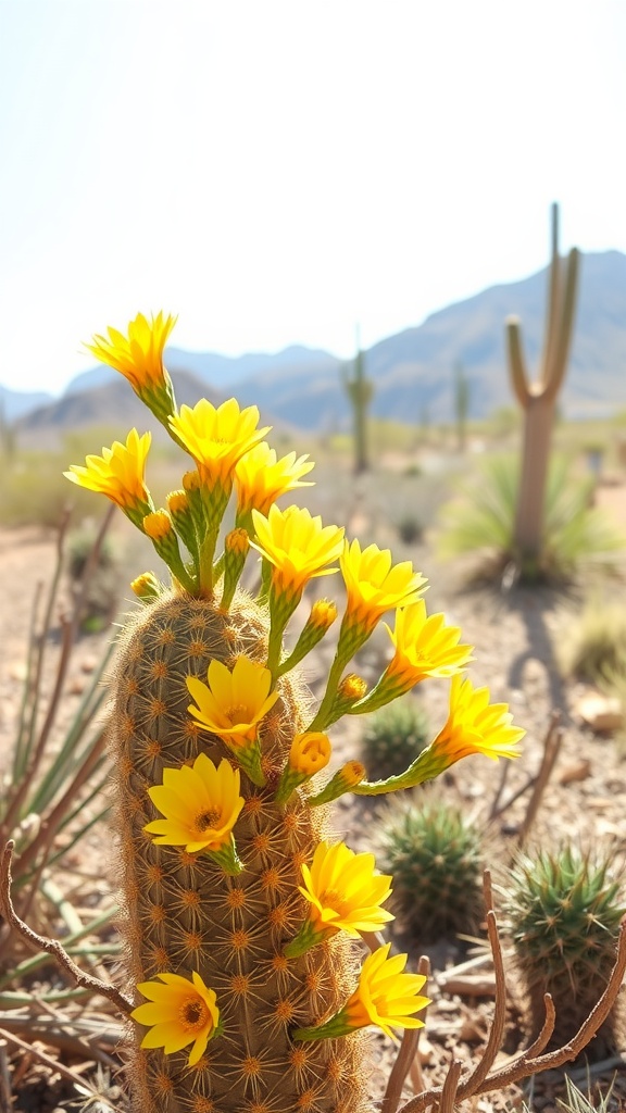 Golden Barrel Cactus with vibrant yellow blooms in a desert landscape