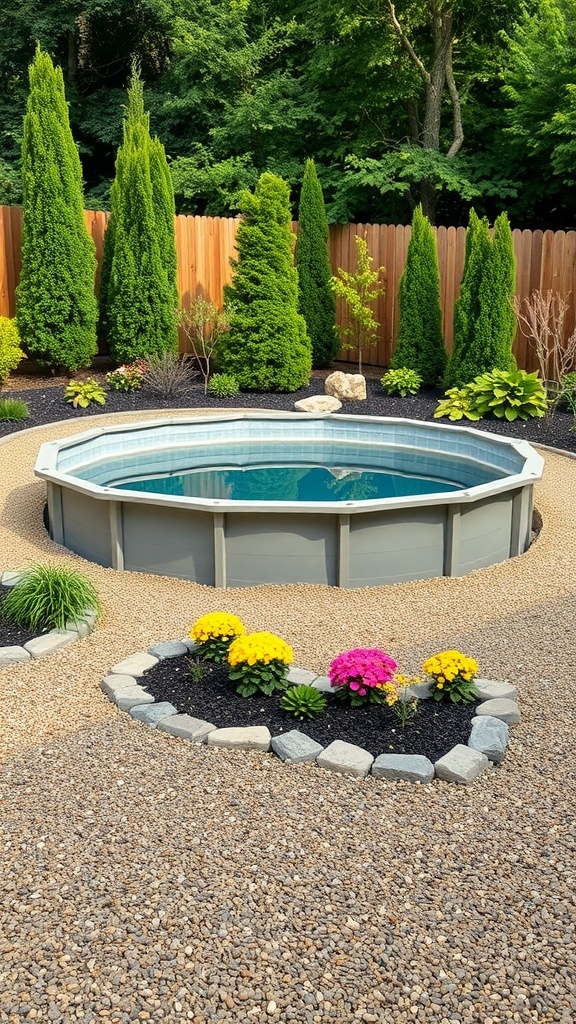 Gravel landscaping around an above ground pool with flower borders