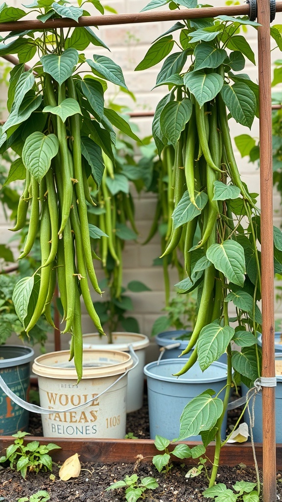 Image of green beans climbing on supports, with buckets planted below.