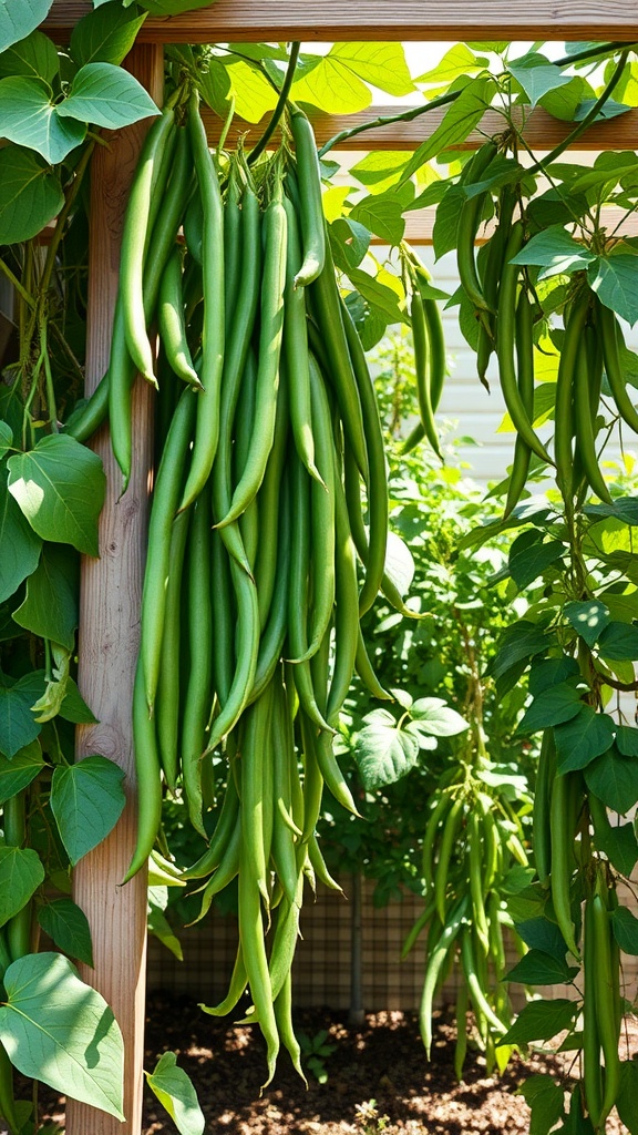 A close-up view of fresh green beans hanging from a wooden trellis, surrounded by vibrant green leaves.