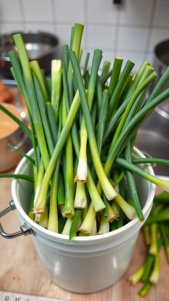 A bucket filled with fresh green onions, ready for harvest