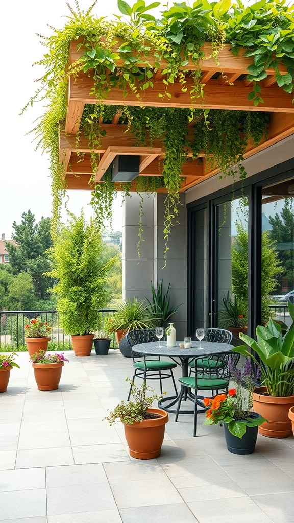 A patio with a wooden roof covered in green plants, surrounded by various potted plants, featuring a small dining table and chairs.