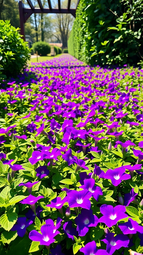 A vibrant carpet of purple ground morning glory flowers lining a pathway under a wooden trellis.