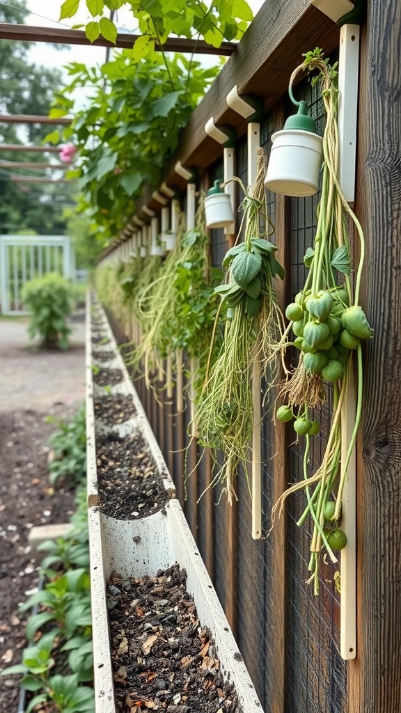 Gutter garden setup with plants growing in mounted gutters