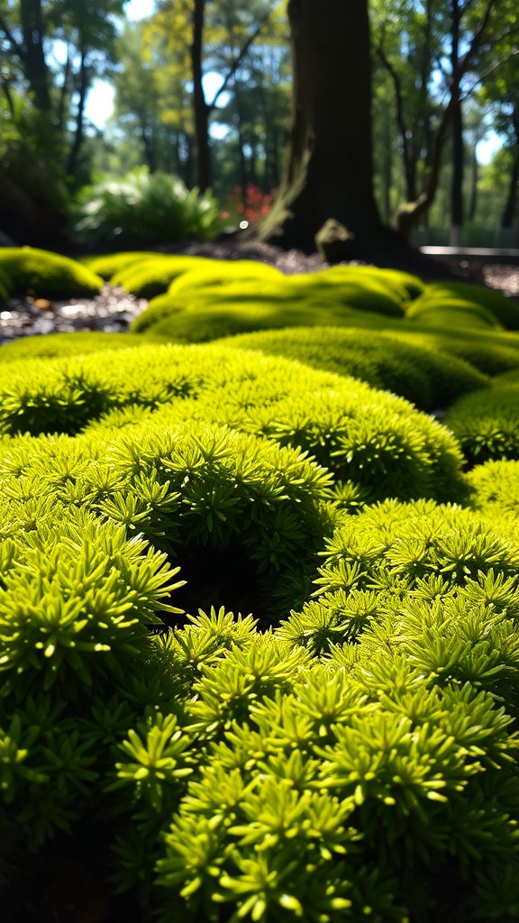 A vibrant green carpet of Haircap moss in a forest setting.