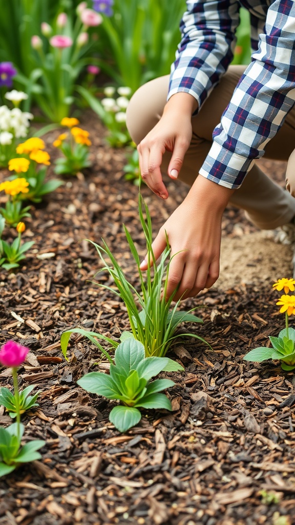 A person hand-pulling weeds from a flower bed filled with colorful flowers and mulch