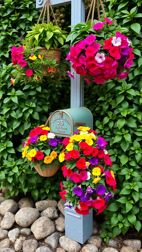 Brightly colored petunias in hanging baskets around a mailbox, showcasing vibrant flowers and lush greenery.