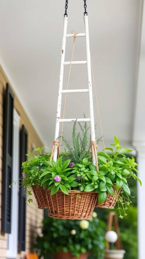 A white ladder with hanging baskets filled with herbs and plants, creatively displayed outdoors.