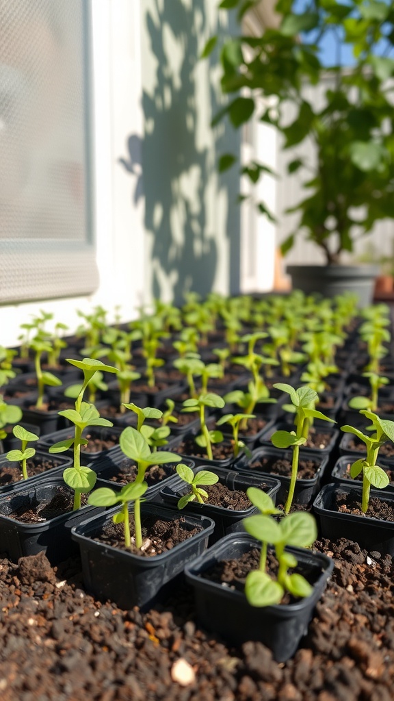 A close-up view of young seedlings in small pots, arranged in rows, basking in sunlight.