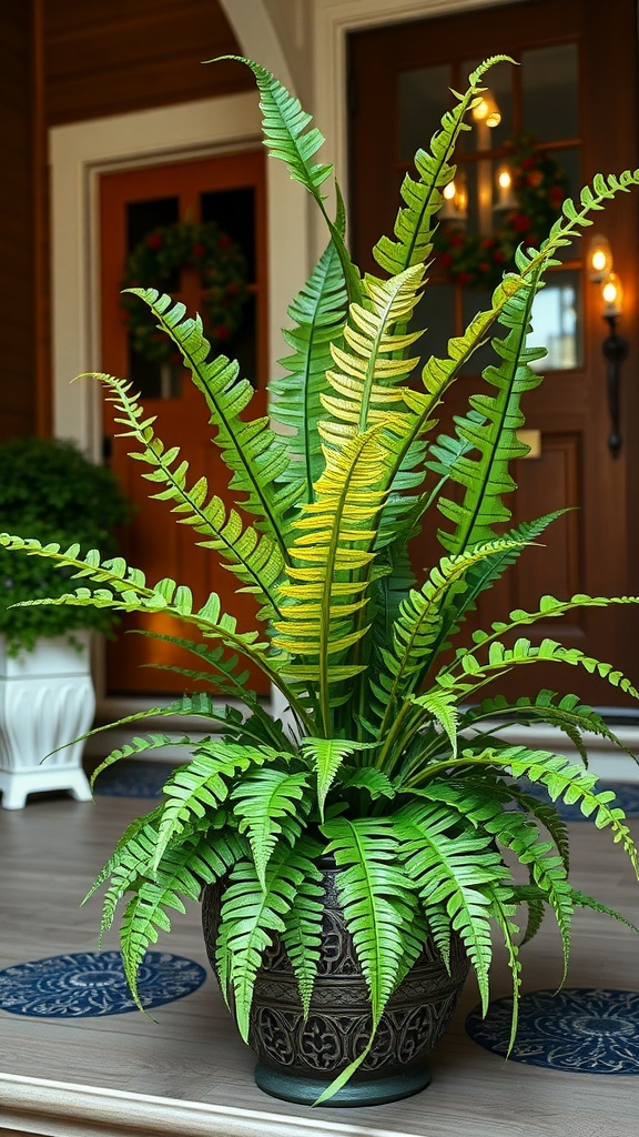 A Hart's Tongue Fern in a decorative pot on a front porch, surrounded by warm lights.