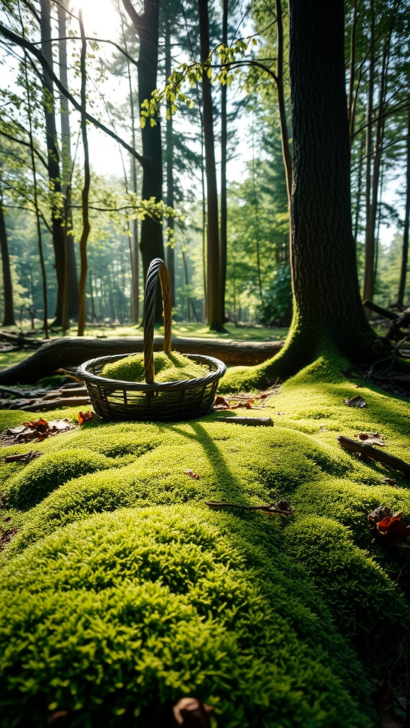 A woven basket on a lush green moss patch in a forest, perfect for harvesting moss.