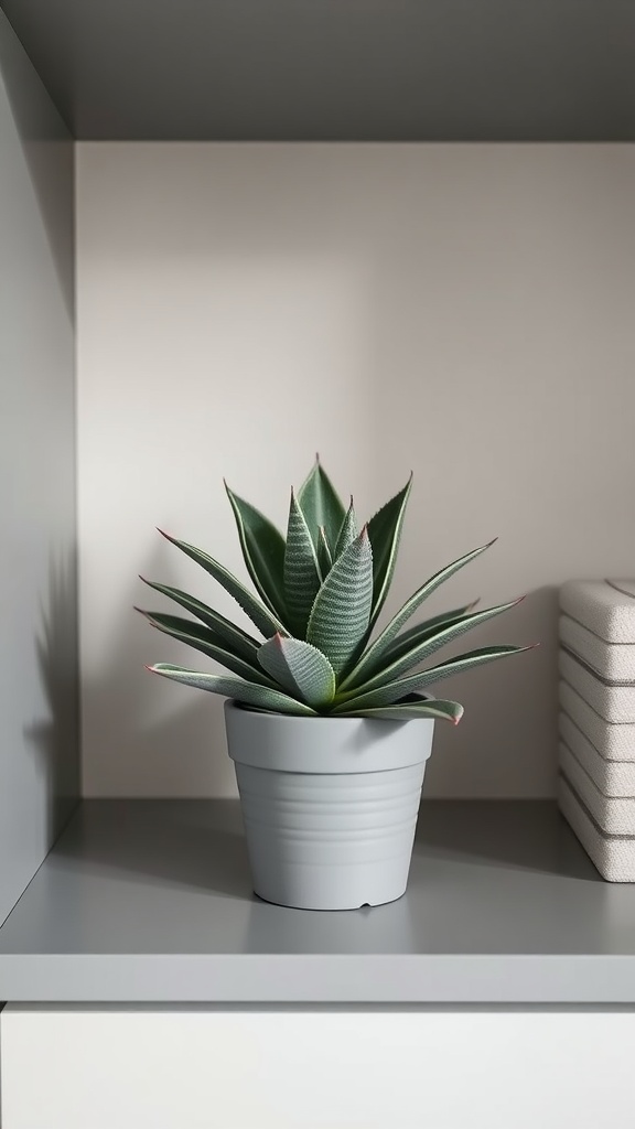 A Haworthia succulent in a gray pot on a shelf with a minimalist design.