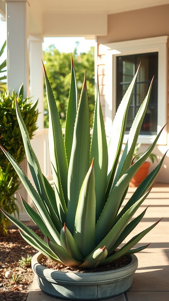 A large agave plant in a pot on a sun-drenched porch.