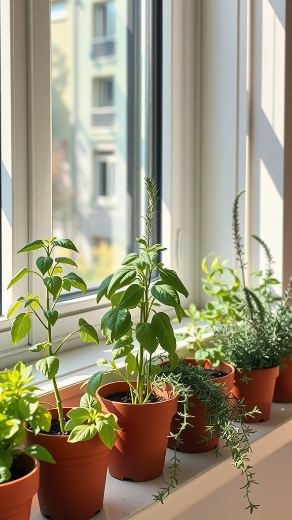 A windowsill with various herb plants in terracotta pots, soaking up sunlight.