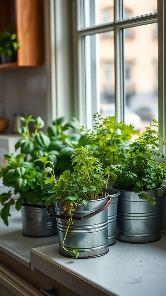 Herbs growing in metal buckets on a kitchen counter