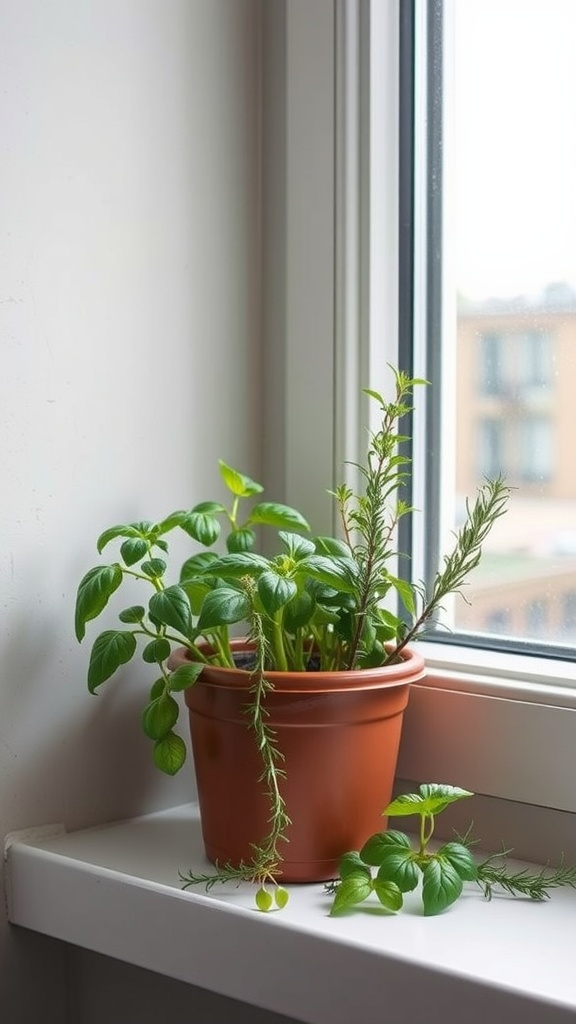 A collection of herbs in a terracotta pot on a windowsill.