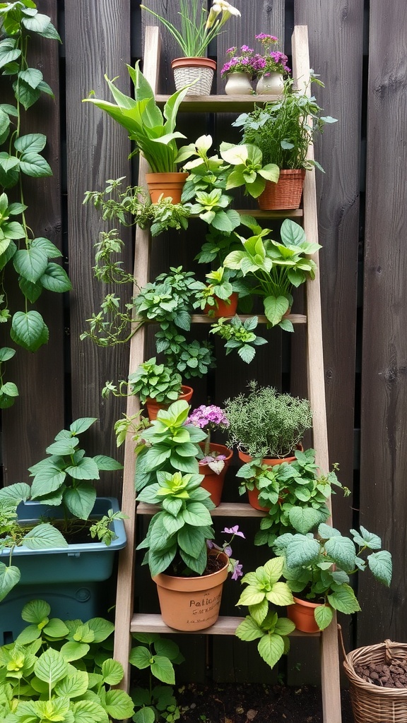 A wooden ladder against a garden wall, displaying various potted herbs