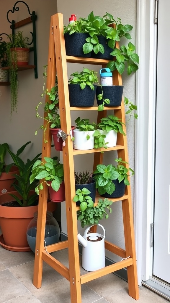 Wooden ladder shelf with various herbs and plants in pots, featuring a watering can.