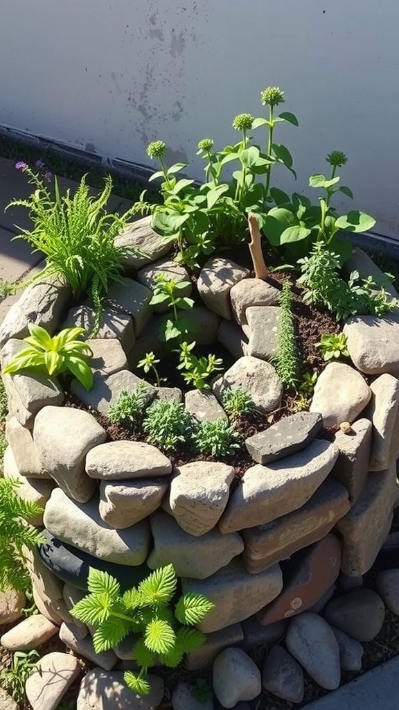 An herb spiral garden made from stones, filled with various herbs and plants.