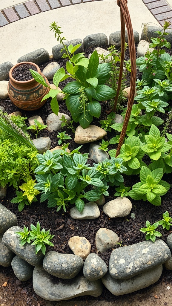 An arrangement of herbs in a spiral garden made with stones and a decorative pot.