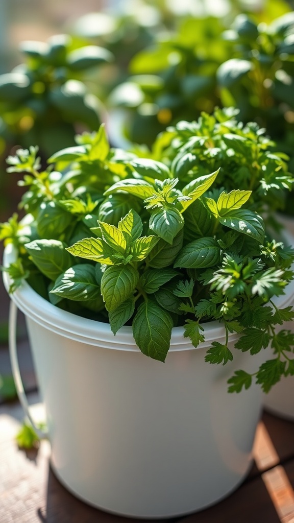 Basil and parsley growing in a white bucket.