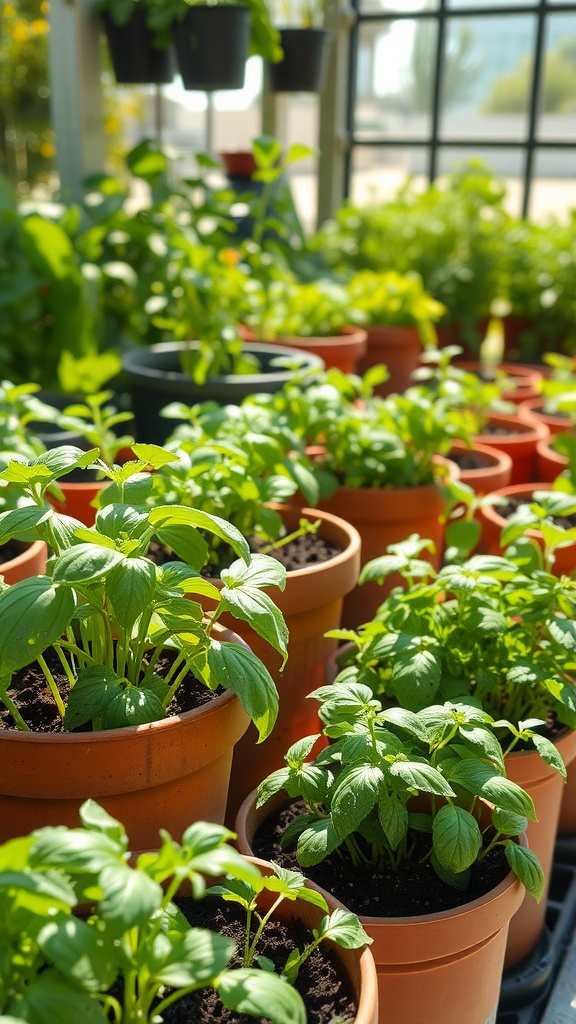 A collection of lush herb plants in pots, thriving in a warm, sunny environment.