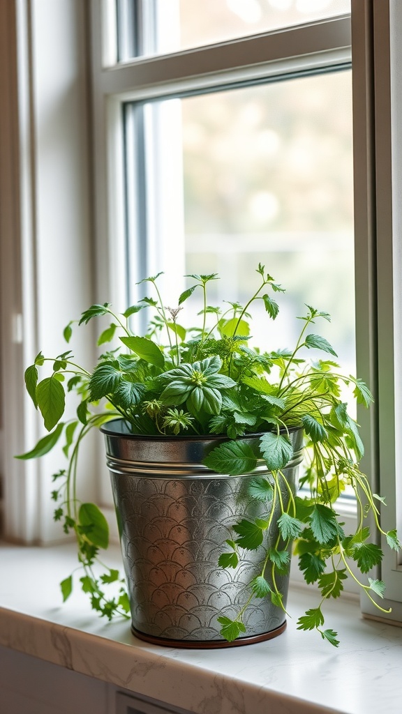 A metal container bucket filled with various herbs by a window.