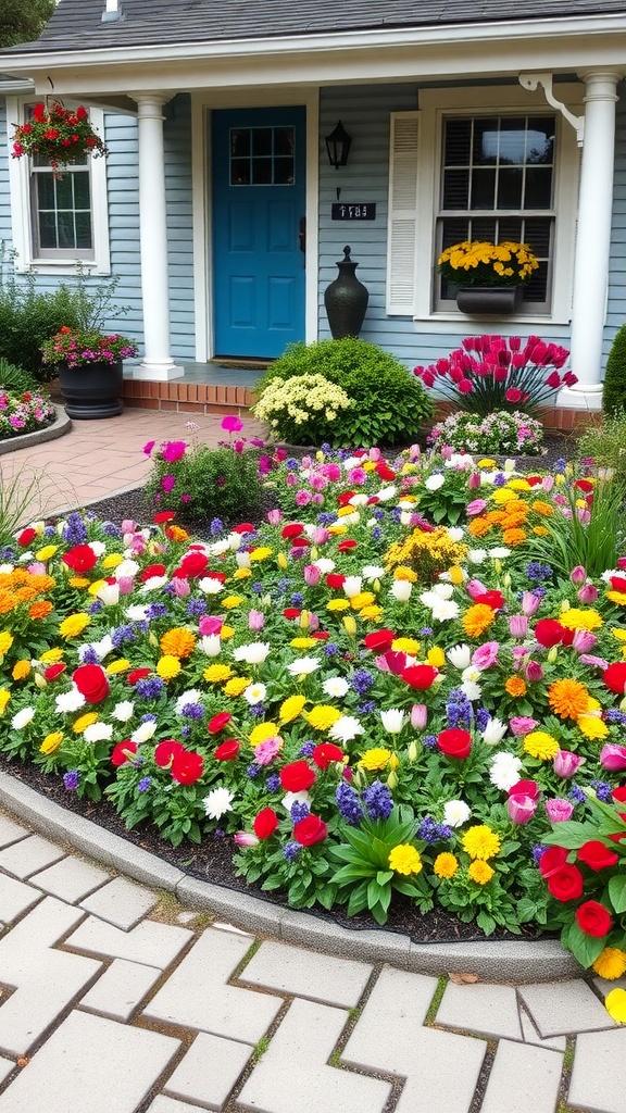 A beautiful herringbone shaped flower bed filled with a variety of colorful flowers in front of a house.