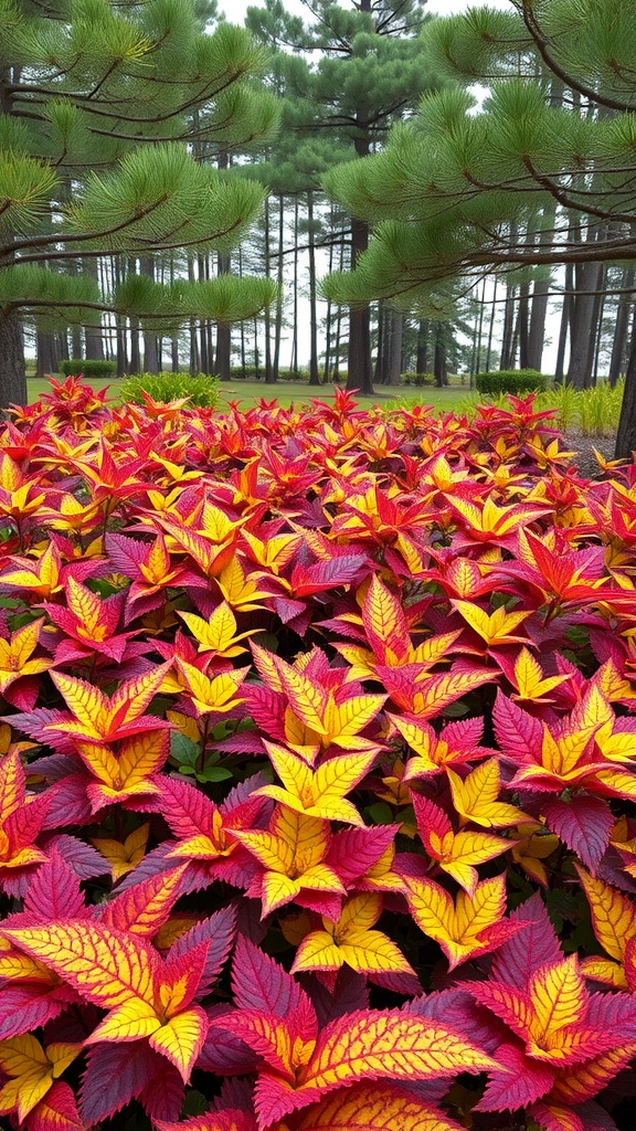 Colorful Heuchera foliage in shades of red and yellow growing under pine trees