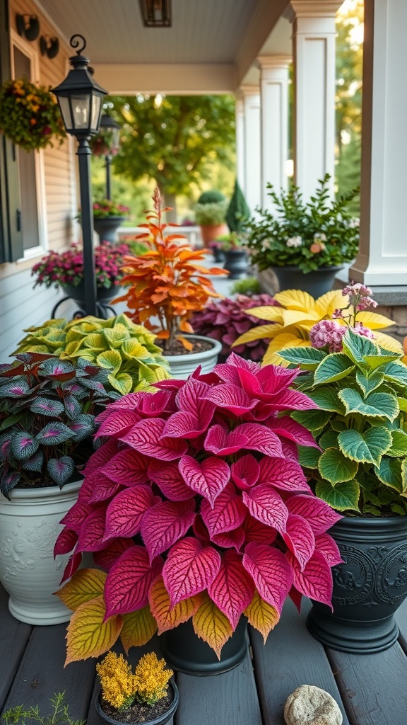 A vibrant collection of Heuchera plants in various colors, displayed in pots on a shaded porch.